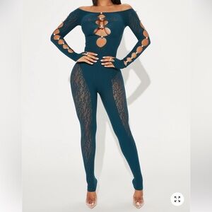 Fashion Nova Teal Cutout Lace Jumpsuit